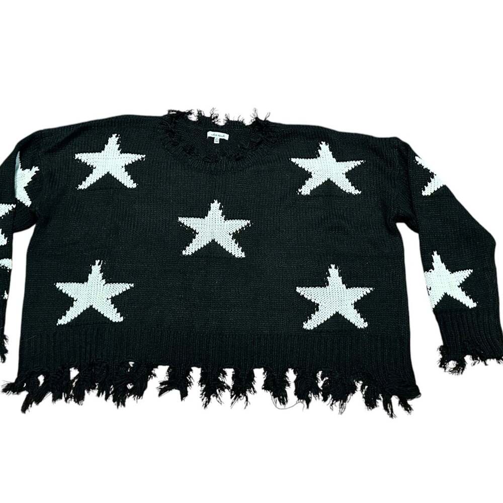 White Birch Women’s XL Oversized Cropped Black Star Sweater Distressed Hem